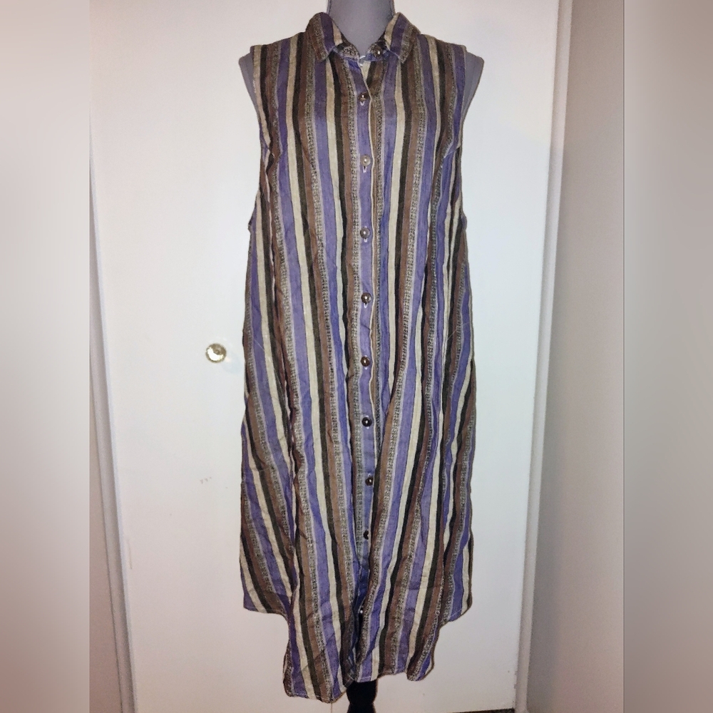 Sleeveless Button-Front Striped Tunic Dress - Purple & Brown